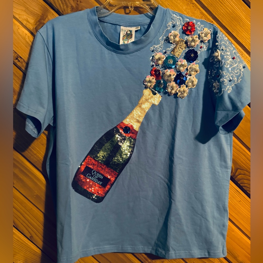 Queen Of Sparkles - Blue T-Shirt w/Sequin Champagne Bottle reads Game Day on it